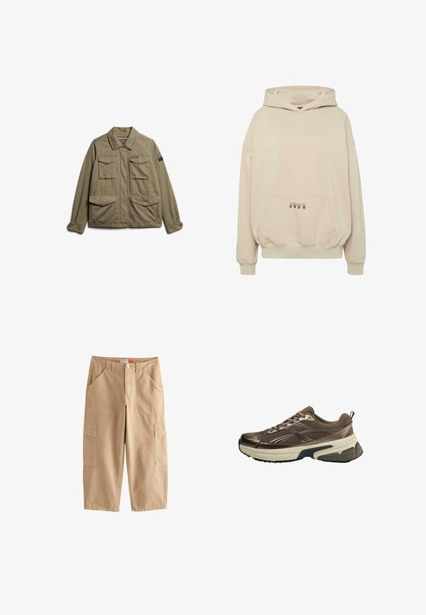 Superdry & Co EMBROIDERED MILITARY - Lichte jas - moss khaki; Beige hoodie met een voorzak, geribbelde boorden en een capuchon met trekkoord. "PECADOR PGDR" tekst gedrukt op het zakgebied.; Beige wijde cropped broek met voorste knoop, riemlussen, twee voorzakken en zij cargozakken.; Bruine mesh sportschoen met beige dikke zool en zwarte profiel, gedetailleerde zijstrepen en veters, gezien vanaf de buitenkant.
