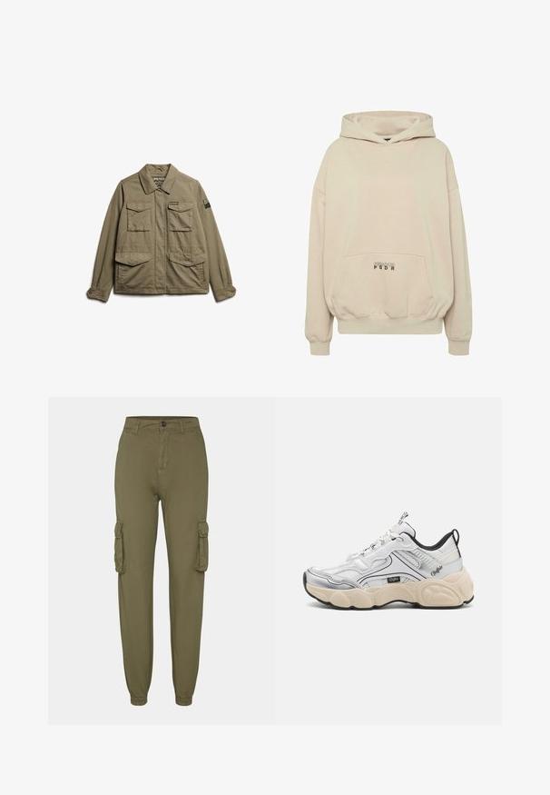 Superdry & Co EMBROIDERED MILITARY - Veste légère - moss khaki; Sweat à capuche beige avec une poche avant, des poignets côtelés et une capuche à cordon. Texte "PECADOR PGDR" imprimé sur la zone de la poche.; Pantalons cargo vert olive en tissu doux, dotés de deux poches latérales, de poignets élastiques et d'une fermeture par bouton à l'avant.; Baskets blanches avec des panneaux en maille et en synthétique, accents argentés, semelle crémeuse épaisse et détails noirs contrastants. Possède un système de laçage.
