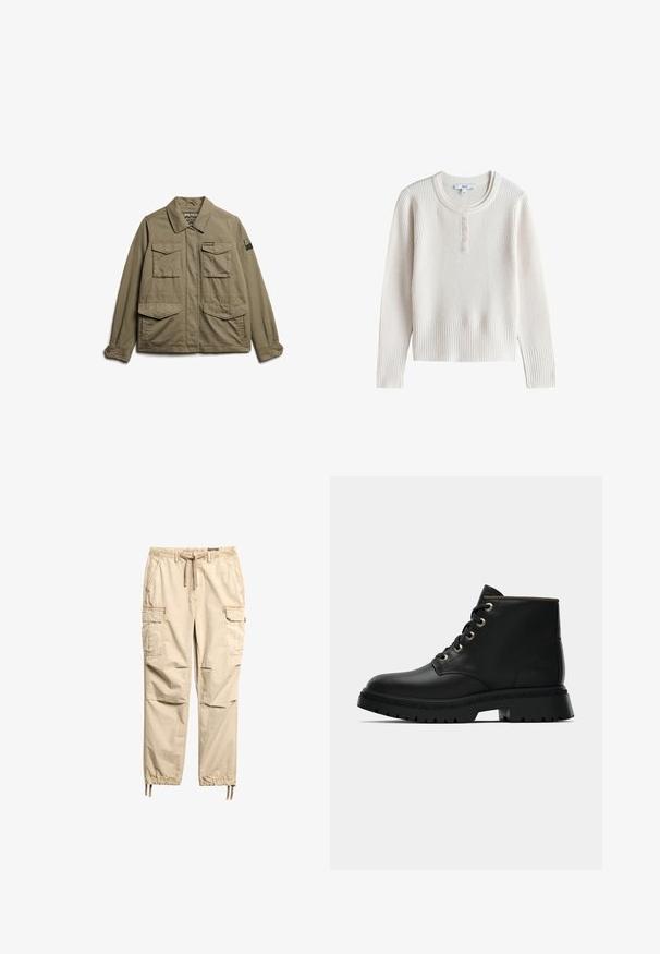 Superdry & Co EMBROIDERED MILITARY - Lichte jas - moss khaki; Crèmekleurige geribde gebreide trui met lange mouwen, een ronde hals en vijf kleine knopen op de voorste knoopsluiting.; Beige cargobroek gemaakt van lichtgewicht stof. Voorzien van een elastische tailleband, trekkoord en meerdere zijzakken met taps toelopende pijpen.; Zwart leren enkelboot met ronde neus, gouden oogjes en textuurzool. Voorzien van een gevoerde kraag en een kenmerkend logo aan de zijkant.