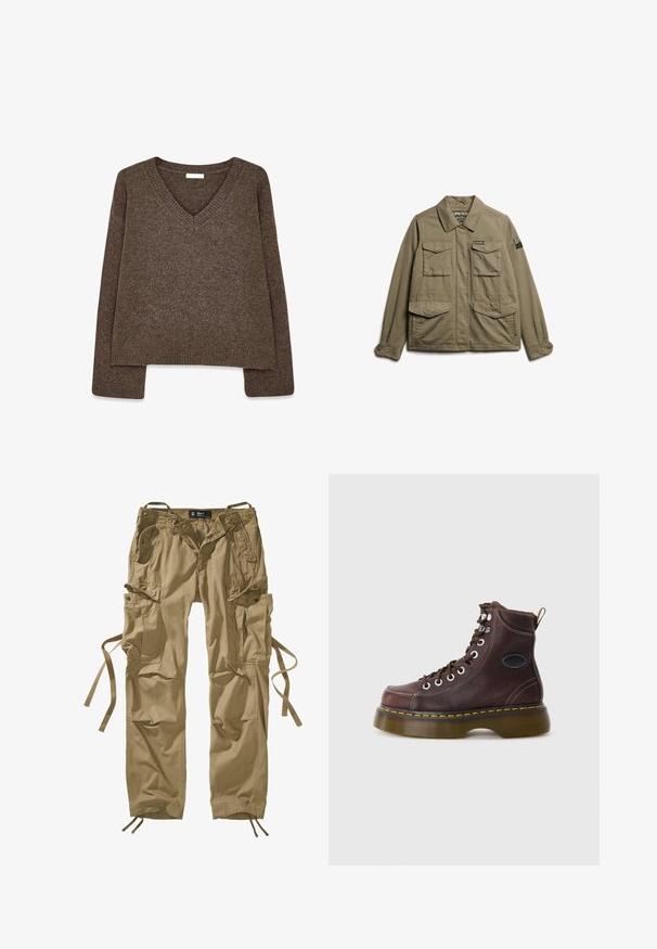 Superdry & Co EMBROIDERED MILITARY - Veste légère - moss khaki; Pull en maille marron avec un col en V, manches longues, coupe légèrement courte et ourlet côtelé. Texture douce avec une finition lisse.; Pantalons cargo kaki en coton avec plusieurs poches latérales, cordons de serrage aux chevilles et accents en boutons. Lignes épurées et tissu durable.; Bottine en cuir marron avec une surface texturée, œillets en argent et couture jaune. Dispose d'une semelle épaisse translucide et d'une languette.