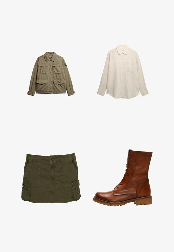 Superdry & Co EMBROIDERED MILITARY - Let jakke / Sommerjakker - moss khaki; Lysebeige hørskjorte med lange ærmer, knaplukning foran, spidst krave, enkelt brystlomme og en løs pasform. Subtil struktur er synlig.; Olivengrøn cargoskørt lavet af bomuldsblanding, med sidelommer, synlige sømme og knappelukning i taljen.; Brun læder ankelstøvle med glat overflade, rund tå, snørret foran og tekstureret kant. Har en robust sål for traction.