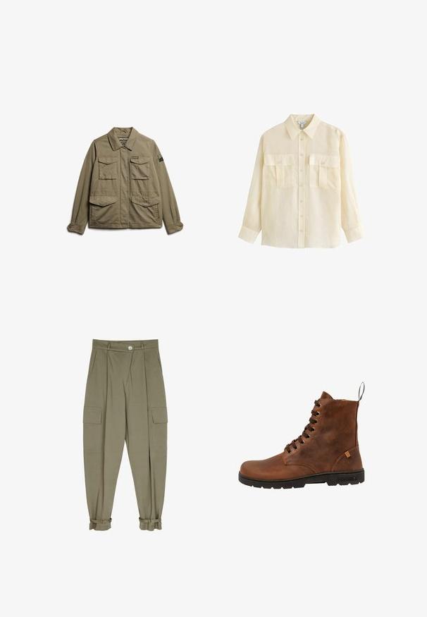 Superdry & Co EMBROIDERED MILITARY - Chaqueta fina - moss khaki; Camisa beige de manga larga con botones, cuello y dos bolsillos frontales con solapa y botón, mostrada sobre un fondo blanco.; Pantalones cargo verde oliva hechos de tejido suave, con dos bolsillos frontales, diseño plisado y puños con cierres ajustables.; Botas de cuero marrón hasta el tobillo con un diseño de cordones, punta redonda, suela de goma y un tirador en la parte posterior; presentan ojetes y costuras marrones.