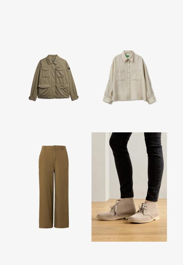 Superdry & Co EMBROIDERED MILITARY - Lichte jas - moss khaki; Beige overhemd met lange mouwen, knopen en twee borstzakken, voorzien van een klassieke kraag, gemaakt van een lichtgewicht stof.; Bruine wijde broek van een textuur-katoenmix, met een knoopsluiting aan de voorkant en een standaard tailleontwerp.; Beige suède enklaarsjes met een ronde neus, vetersluiting en contrasterende stiksels, gedragen met zwarte slim-fit broek op een houten vloer.