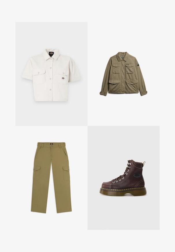 Superdry & Co EMBROIDERED MILITARY - Chaqueta fina - moss khaki; Camisa blanca de algodón de manga corta y cropped, con dos bolsillos en el pecho, cierre frontal de botones y un parche con logo en el bolsillo izquierdo.; Pantalones cargo verde oliva con corte recto, bolsillos de solapa en cada pierna y cierre de botón en la cintura. Fabricados con tela duradera.; Botín de cuero marrón con superficie texturizada, ojales plateados y costura amarilla. Presenta una suela gruesa translúcida y una lengüeta en la parte posterior.