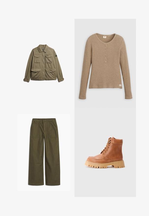 Superdry & Co EMBROIDERED MILITARY - Chaqueta fina - moss khaki; Camisa henley de punto gofre beige de manga larga con escote redondo y tapeta con cinco botones, presentada plana sobre fondo blanco.; Pantalones de pierna ancha de color verde oliva con bolsillos delanteros tipo parche, cierre de botón y trabillas para cinturón, presentados en plano sobre un fondo blanco.; Botín de cuero marrón con cordones, cuello acolchado y suela de goma gruesa y estriada sobre un fondo claro.