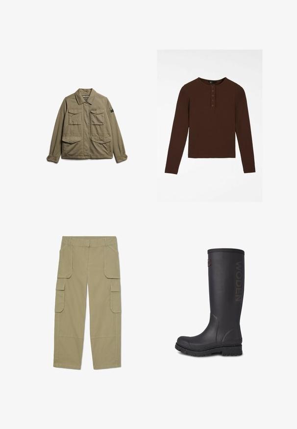 Superdry & Co EMBROIDERED MILITARY - Chaqueta fina - moss khaki; Camiseta marrón de manga larga hecha de material acanalado, con cuello redondo, tapeta con cinco botones y dobladillo recto.; Pantalones cargo caqui con múltiples bolsillos con solapa en la parte delantera y los laterales, diseño de pierna recta y trabillas en la cintura.; Bota alta de goma negra con acabado texturizado, logo de WODEN en el lateral y suela reforzada con acentos moteados.