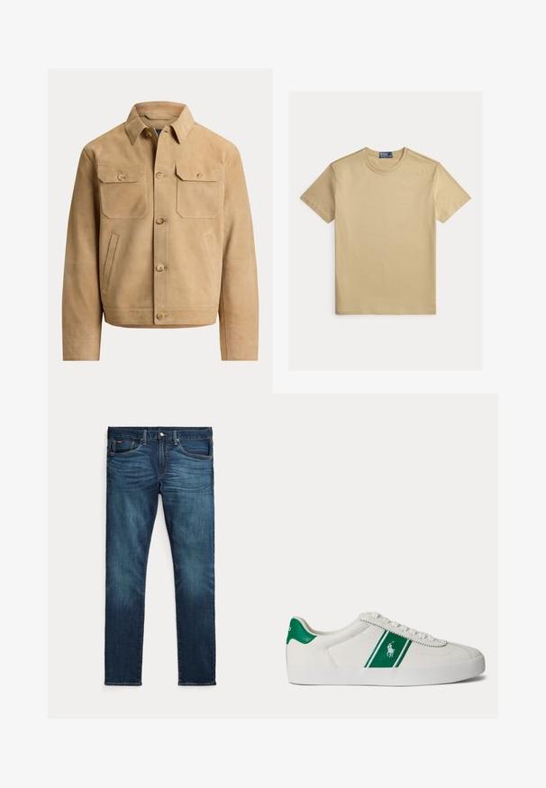 Hellbraune Wildlederjacke mit Knopfverschluss, zwei aufgesetzten Brusttaschen mit Knöpfen und zwei seitlichen Handtaschen, dargestellt vor schlichtem Hintergrund.; Beige Baumwoll-T-Shirt mit kurzen Ärmeln, Rundhalsausschnitt und glatter Textur. Verfügt über ein Etikett im Nackenbereich. Einfaches und schmuckloses Design.; Dunkelblaue Slim-Fit-Jeans mit vorderem Knopf und Reißverschluss, fünf Taschen sowie dezenter Verfärbung an den vorderen Oberschenkeln und Knien.; Weißer Sneaker in Low-Top-Form mit grünem Streifen und Polo-Logo an der Seite, grünem Fersenlaschen und weißen Schnürsenkeln, von der linken Seite vor neutralem Hintergrund dargestellt.