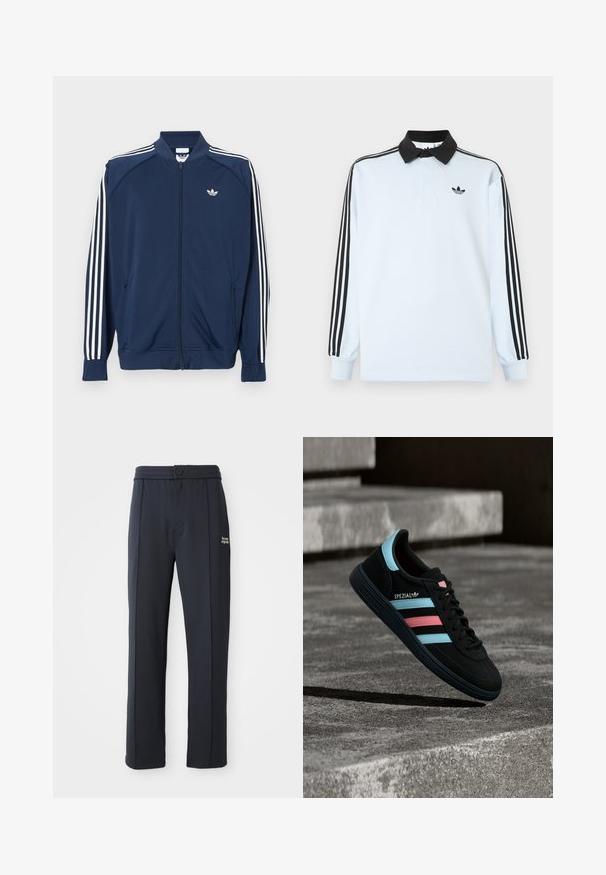 Námornícka modrá športová bunda na zips z polyesteru, s bielymi tromi pruhmi na rukávoch a malým bielym logom na hrudi.; Svetlomodré polo tričko s dlhým rukávom, čiernym golierom, tromi čiernymi pruhmi na rukávoch a malým čiernym logom na hrudi.; Čierne nohavice rovného strihu s elastickým pásom, zapínaním na gombík, so švovými detailami a malým bielym logom "the new originals" na ľavom stehne.; Čierna teniska Adidas Spezial s modrými a ružovými pruhmi, vznáša sa nad textúrovaným sivým betónovým povrchom so tieňom pod ňou.