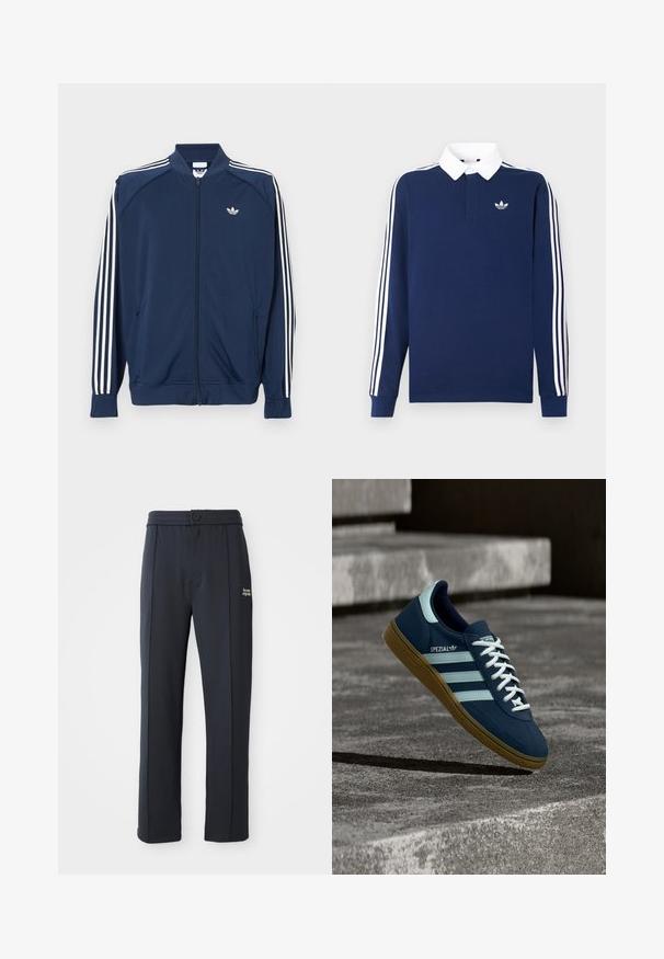 Marineblaue Trainingsjacke aus Polyester mit Reißverschluss, mit weißen Drei-Streifen-Akzenten an den Ärmeln und einem kleinen weißen Logo auf der Brust.; Marineblaues, langärmeliges Poloshirt aus Baumwollstoff, weißer Kragen, klassische drei weiße Streifen entlang der Ärmel, mit kleinem Logo auf der Brust.; Schwarze gerade geschnittene Hose mit elastischem Bund, Knopfverschluss, Nahtdetails und kleinem weißen Logo "the new originals" am linken Oberschenkel.; Blauer Adidas Spezial Sneaker mit weißen Streifen und Schnürsenkeln, Gummisohle, schwebend über rauer Betonoberfläche und Treppen im Hintergrund.