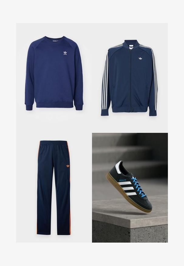 Marineblaue Trainingsjacke aus Polyester mit Reißverschluss, mit weißen Drei-Streifen-Akzenten an den Ärmeln und einem kleinen weißen Logo auf der Brust.; Dunkelblauer Sweatshirt aus weichem Stoff, mit Rundhalsausschnitt, Raglanärmel und kleinem weißen adidas-Logo auf der Brust.; Marineblaue Sporthose mit orangen Seitstreifen, elastischem Bund, Reißverschluss-Vordertaschen und einem kleinen orangen Adidas-Logo am Oberschenkel.; Schwarzer Adidas-Sneaker mit weißen Streifen, blauen Schnürsenkeln und Gummisohle, der über einer grauen Betontreppe im weichen Licht schwebt.
