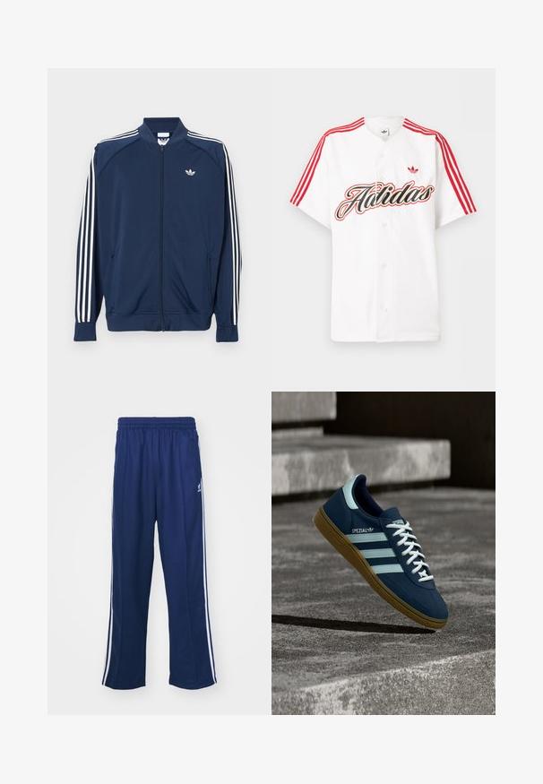 Merevärv sinine polüestrist lukuga spordijakk, millel on varrukatel valged kolm triipu ja rinnal väike valge logo.; Valge lühikeste varrukatega nööbitav särk punaste Adidas triipudega õlgadel, suur stiliseeritud "Adidas" tekst ja punane trefoilkonto rinnal.; Tumed sinised spordipüksid lõdva lõikega, valgete külgtriipudega ja elastse vöökoha ning sileda kangaga, ilma nähtavate mustrite või lisadega.; Sinine Adidas Spezial tennisk, valgete triipude ja paeltega, kummist tallaga, hõljub kareda betoonpinna ja sammude kohal taustal.