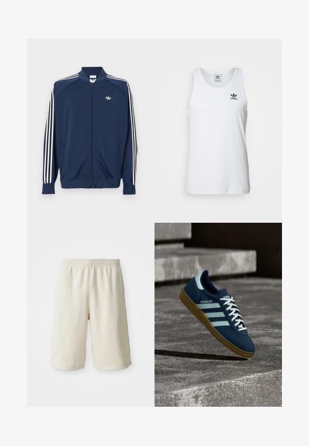 Námornícka modrá športová bunda na zips z polyesteru, s bielymi tromi pruhmi na rukávoch a malým bielym logom na hrudi.; Biely rebrovaný tielko s okrúhlym výstrihom, čiernym logom Adidas na ľavej hrudi a bez rukávov. Mäkko bavlnený materiál, voľný strih.; Svetlo béžové športové šortky s elastickým pásom, hladkou textúrou a jemným logom na dolnej ľavej strane. Bez vreciek.; Modré tenisky Adidas Spezial s bielymi pruhmi a šnúrkami, gumovou podrážkou, plávajúce nad drsným betónovým povrchom a schodmi v pozadí.