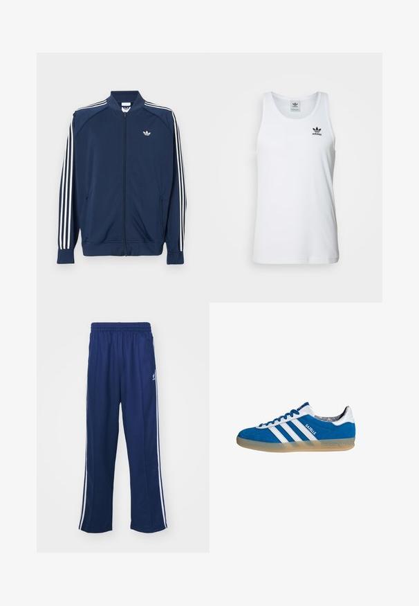 Chaqueta deportiva azul marino con cremallera, fabricada en poliéster, que presenta detalles de tres rayas blancas en las mangas y un pequeño logo blanco en el pecho.; Top sin mangas blanco con canalé y escote redondo, logo negro de Adidas en el lado izquierdo del pecho. Material de algodón suave, corte casual.; Pantalones deportivos en azul marino con un corte relajado, que presentan franjas laterales blancas y una cintura elástica. Tejido suave, sin patrones visibles ni herrajes.; Zapatilla Adidas Gazelle azul y blanca con suela de goma y tres franjas blancas, vista desde un lado sobre un fondo blanco.