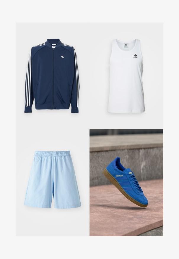 Námornícka modrá športová bunda na zips z polyesteru, s bielymi tromi pruhmi na rukávoch a malým bielym logom na hrudi.; Biely rebrovaný tielko s okrúhlym výstrihom, čiernym logom Adidas na ľavej hrudi a bez rukávov. Mäkko bavlnený materiál, voľný strih.; Svetlomodré šortky s elastickým pásom vyrobené z textúrovanej látky. Majú bočné vrecká a voľný strih, vhodné na neformálne nosenie.; Modrá teniska Adidas Spezial s gumovou podrážkou, šnúrky zviazané, zavesená nad hladkým kamenným povrchom blízko sivej betónovej steny.