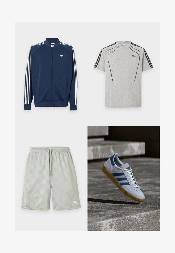 Donkerblauw trainingsjack met ritssluiting van polyester, met witte drie-strepen accenten op de mouwen en een klein wit logo op de borst.; Lichtgrijs Adidas T-shirt met zwarte strepen op de mouwen, zwarte gebogen naaddetails en een klein Trefoil-logo op de linkerborst.; Umbro FOOTBALL SHORT - Trainingsbroek - harbor mist; Lichtblauwe Adidas Spezial sneaker met marineblauwe strepen en rubberen zool, getoond in de lucht boven betonnen trappen in een neutrale buitenomgeving.