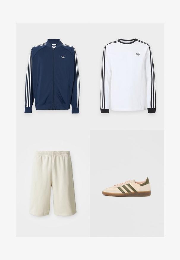 Veste de survêtement zippée bleu marine en polyester, avec des accents à trois bandes blanches sur les manches et un petit logo blanc sur la poitrine.; Chemise blanche Adidas à manches longues avec col rond noir, poignets noirs, trois bandes noires le long des manches et logo trèfle noir sur la poitrine.; Shorts de sport beige clair avec une taille élastique, texture lisse et détail de logo discret en bas à gauche. Sans poches.; Baskets beige discrètes Adidas Spezial avec des bandes vertes, une semelle en caoutchouc et le logo "SPEZIAL" sur le côté, vues de l'extérieur.