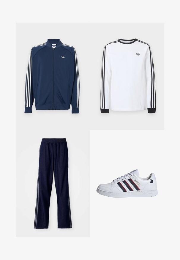 Námornícka modrá športová bunda na zips z polyesteru, s bielymi tromi pruhmi na rukávoch a malým bielym logom na hrudi.; Biele tričko Adidas s dlhým rukávom, čiernym okrúhlym výstrihom, čiernymi manžetami, tromi čiernymi pruhmi na rukávoch a čiernym logom trefoil na hrudi.; Námornícke modré športové nohavice s elastickým pásom, s tromi bielymi bočnými pruhmi a rovným strihom. Mäkká denimová textúra.; adidas Originals Tenisky - white