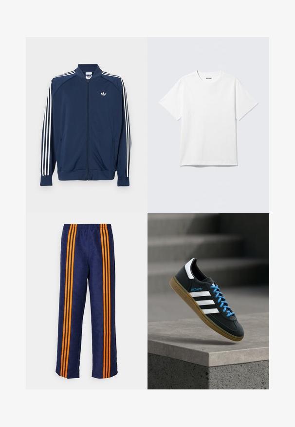 Marineblå lynlåstrøje i polyester med hvide tre-stribe accenter på ærmerne og et lille hvidt logo på brystet.; Hvid kortærmet crewneck T-shirt lagt fladt ud, ensfarvet design, med "WEEKDAY" mærkat inde i kraven på en lys baggrund.; Marineblå bukser med et overalt mønstret tekstur og tre brede orange striber, der løber ned langs hver side. Elastisk taljebånd øverst.; Sort Adidas sneaker med hvide striber, blå snørebånd og gummisål, der svæver over gråt betontrin i blødt lys.