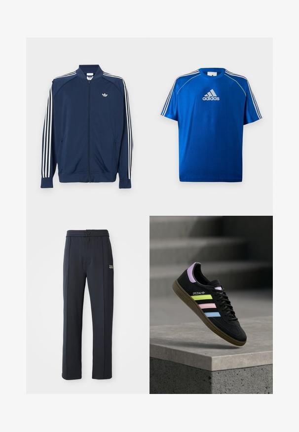 Marineblaue Trainingsjacke aus Polyester mit Reißverschluss, mit weißen Drei-Streifen-Akzenten an den Ärmeln und einem kleinen weißen Logo auf der Brust.; Blaues Adidas Sport-T-Shirt mit weißem Logo auf der Brust, weißen Streifen auf den Schultern und neon-gelber Paspelierung an den Schulternähten.; Schwarze gerade geschnittene Hose mit elastischem Bund, Knopfverschluss, Nahtdetails und kleinem weißen Logo "the new originals" am linken Oberschenkel.; Schwarzer Adidas Spezial Sneaker mit pastellgelben, pinken und blauen Streifen, lavendelfarbenem Fersenlaschen und brauner Sohle, schwebend über einer Betonkante.