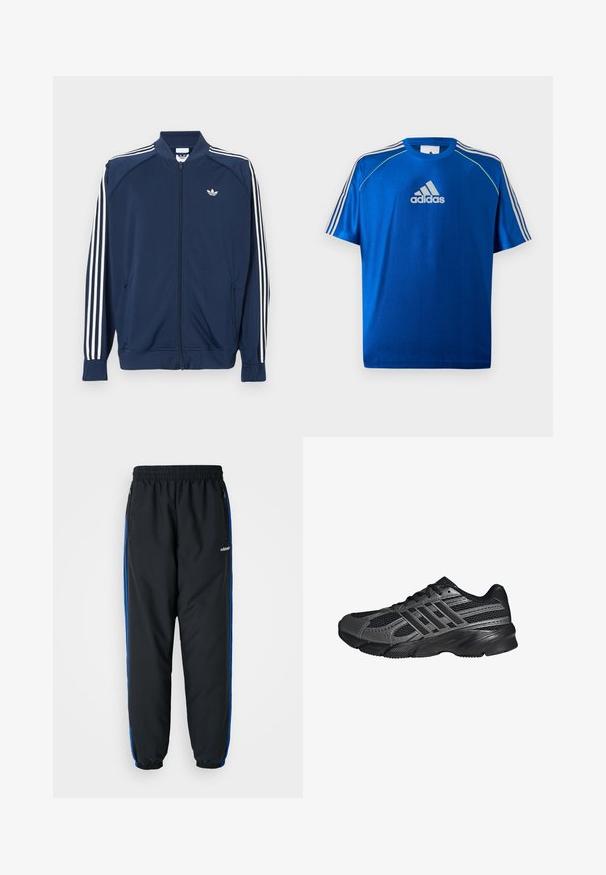 Marineblå lynlåstrøje i polyester med hvide tre-stribe accenter på ærmerne og et lille hvidt logo på brystet.; Blå Adidas sport T-shirt med hvidt logo på brystet, hvide striber på skuldrene og neongult piping på skuldersømmene.; Sorte atletiske bukser med elastisk talje, blå sideløb, lynlåslommer og tætsiddende benafslutninger for en stram pasform. Lavet af let materiale.; Sorte træningssko lavet af mesh og syntetiske materialer, med en tekstureret overflade, flere grå striber og en polstret krave.