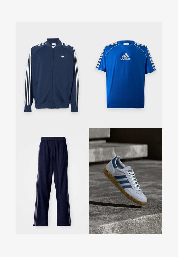 Veste de survêtement zippée bleu marine en polyester, avec des accents à trois bandes blanches sur les manches et un petit logo blanc sur la poitrine.; T-shirt de sport Adidas bleu avec logo blanc sur la poitrine, bandes blanches sur les épaules et passepoils jaune néon sur les coutures des épaules.; Pantalon de sport bleu marine avec une taille élastique, comportant trois bandes latérales blanches et une coupe droite. Texture en denim doux.; Baskets Adidas Spezial bleu clair avec des rayures bleu marine et une semelle en gomme, montrées en l'air au-dessus d'escaliers en béton dans un environnement extérieur neutre.