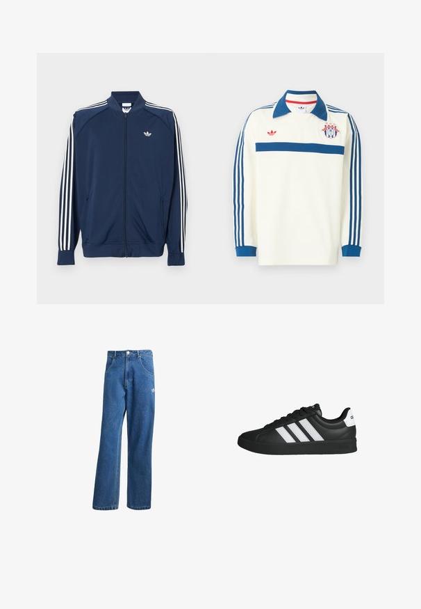 Chaqueta deportiva azul marino con cremallera, fabricada en poliéster, que presenta detalles de tres rayas blancas en las mangas y un pequeño logo blanco en el pecho.; Camiseta deportiva de manga larga blanca con cuello azul, rayas azules en las mangas, franja azul en el pecho, logo rojo y un emblema de escudo con estrellas en el pecho.; Vaqueros de mezclilla anchos de talle alto en azul, con bolsillos frontales, presillas para cinturón, cierre de botón y pequeño logo de Adidas en el muslo derecho.; Zapatilla Adidas negra con rayas blancas, suela negra, diseño con cordones y lengüeta blanca en el talón con el logo de Adidas, mostrada de perfil.