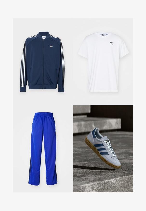 Marineblå lynlåstrøje i polyester med hvide tre-stribe accenter på ærmerne og et lille hvidt logo på brystet.; Hvid bomulds T-shirt med korte ærmer, rund halsudskæring og et sort Adidas-logo med tre striber på venstre brystområde.; Blå sportsbukser med elastisk talje, med sidelister i sort, løstsiddende pasform og glat tekstur.; Lyseblå Adidas Spezial sneakers med marineblå striber og gummisål, vist i luften over betontrapper i et neutralt udendørsmiljø.