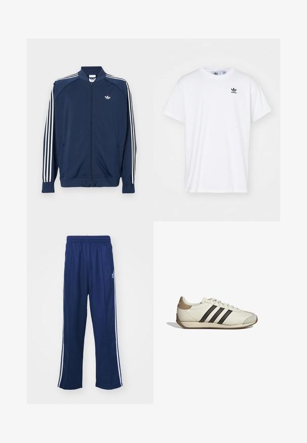 Chaqueta deportiva azul marino con cremallera, fabricada en poliéster, que presenta detalles de tres rayas blancas en las mangas y un pequeño logo blanco en el pecho.; Camiseta blanca de algodón con mangas cortas, escote redondo y un logo negro de Adidas con tres franjas en la zona del lado izquierdo del pecho.; Pantalones deportivos en azul marino con un corte relajado, que presentan franjas laterales blancas y una cintura elástica. Tejido suave, sin patrones visibles ni herrajes.; Zapatilla deportiva de cuero blanco con tres rayas negras, una cubierta de talón beige y una puntera texturizada gris. Superficie lisa con suela de goma.
