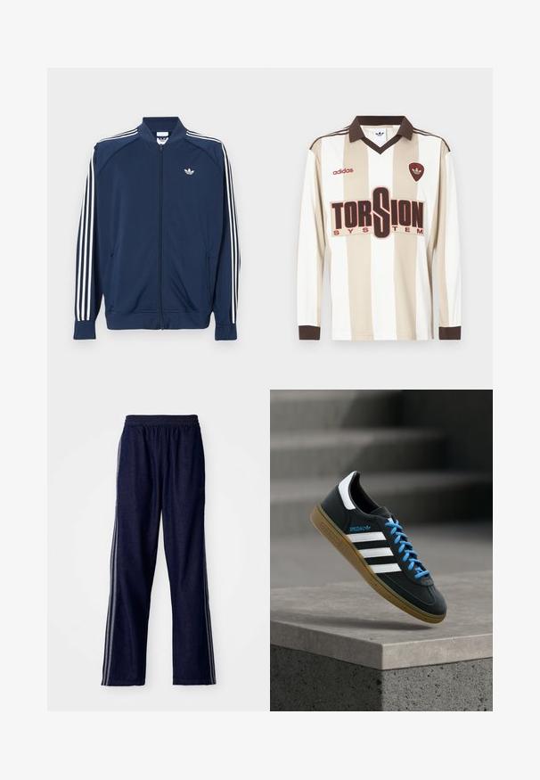 Marineblaue Trainingsjacke aus Polyester mit Reißverschluss, mit weißen Drei-Streifen-Akzenten an den Ärmeln und einem kleinen weißen Logo auf der Brust.; Langärmliges Fußballtrikot in Beige mit weißen Streifen; verfügt über einen braunen Kragen und Bündchen, ein großes rotes "TORSION SYSTEM"-Logo und adidas-Branding.; Marineblaue Sporthosen mit einem elastischen Bund, ausgestattet mit drei weißen seitlichen Streifen und einem geraden Bein. Weicher Denim-Look.; Schwarzer Adidas-Sneaker mit weißen Streifen, blauen Schnürsenkeln und Gummisohle, der über einer grauen Betontreppe im weichen Licht schwebt.