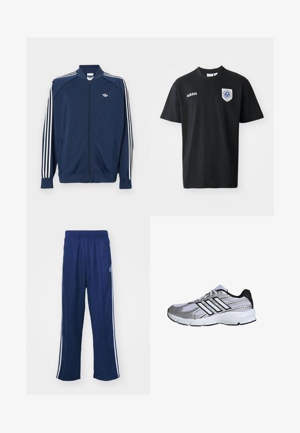 Marineblå lynlåstrøje i polyester med hvide tre-stribe accenter på ærmerne og et lille hvidt logo på brystet.; Sort kortærmet t-shirt lavet af bomuld, med rund hals. Indeholder hvidt Adidas-logo og et mærke med et blåt emblem på venstre bryst.; Marineblå sportbukser med en afslappet pasform, udstyret med hvide sidestativer og elastisk talje. Glat stof, ingen synlige mønstre eller hardware.; Mesh atletik sko i hvid og sølv, med sorte detaljer, tre hvide striber logo, polstret krave og tekstureret gummisål.