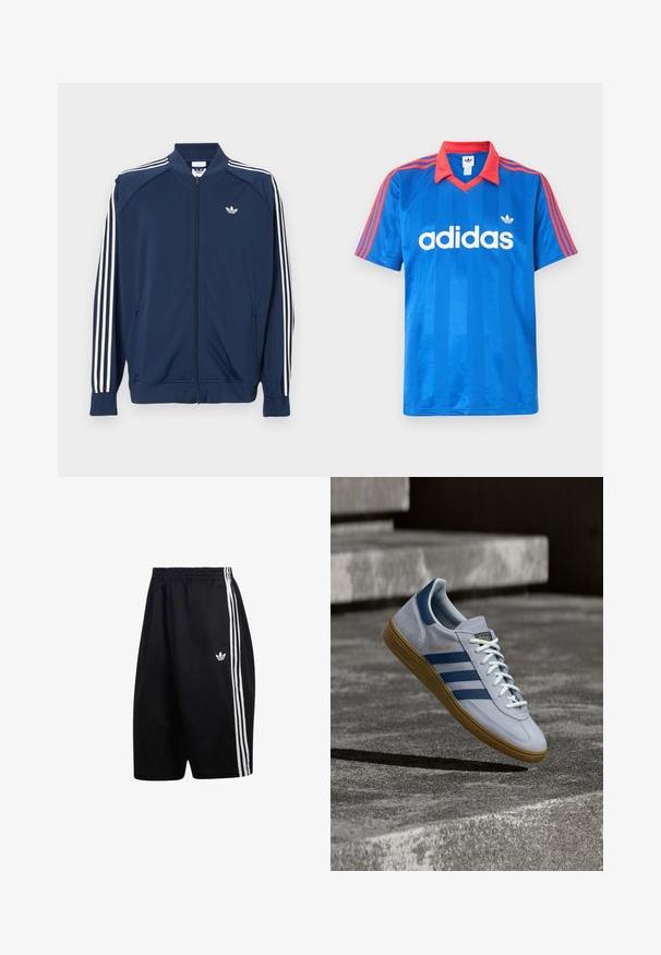 Marineblå lynlåstrøje i polyester med hvide tre-stribe accenter på ærmerne og et lille hvidt logo på brystet.; Blå Adidas kortærmet sportstrøje med rød krave og striber på skuldrene, med hvidt Adidas-logo og trefoldet emblem på brystet.; Sorte atletikshorts med elastisk talje, tre hvide sidelommer og lille hvid Adidas-logo på venstre ben.; Lyseblå Adidas Spezial sneakers med marineblå striber og gummisål, vist i luften over betontrapper i et neutralt udendørsmiljø.