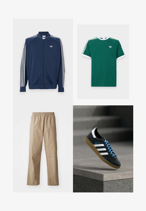 Námornícka modrá športová bunda na zips z polyesteru, s bielymi tromi pruhmi na rukávoch a malým bielym logom na hrudi.; Zelené bavlnené tričko s bielymi akcentmi, s krátkymi rukávmi, okrúhlym výstrihom a troma bielymi pruhmi na každom pleci. Malé logo na hrudi.; Béžové ľahké nohavice s elastickým pásom, rovnými nohavicami a bočnými vreckami. Hladká textúra s jemnými švami.; Čierna teniska Adidas s bielymi pruhmi, modrými šnúrkami a gumovou podrážkou, ktorá sa vznáša nad sivým betónovým schodom v mäkkom svetle.