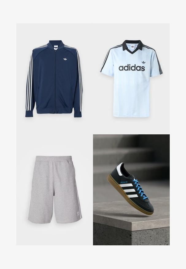 Donkerblauw trainingsjack met ritssluiting van polyester, met witte drie-strepen accenten op de mouwen en een klein wit logo op de borst.; Lichtblauw sportshirt met een zwarte kraag, voorzien van verticale strepen en drie zwarte strepen op elke mouw. "adidas"-logo in zwart.; Grijze sportshorts van katoenmix stof. Voorzien van zijzakken, een elastische tailleband en witte zijstrepen. Klassiek ontwerp.; Zwarte Adidas-sneaker met witte strepen, blauwe veters en een gumzool die boven een grijze betonnen trede zweeft in zacht licht.