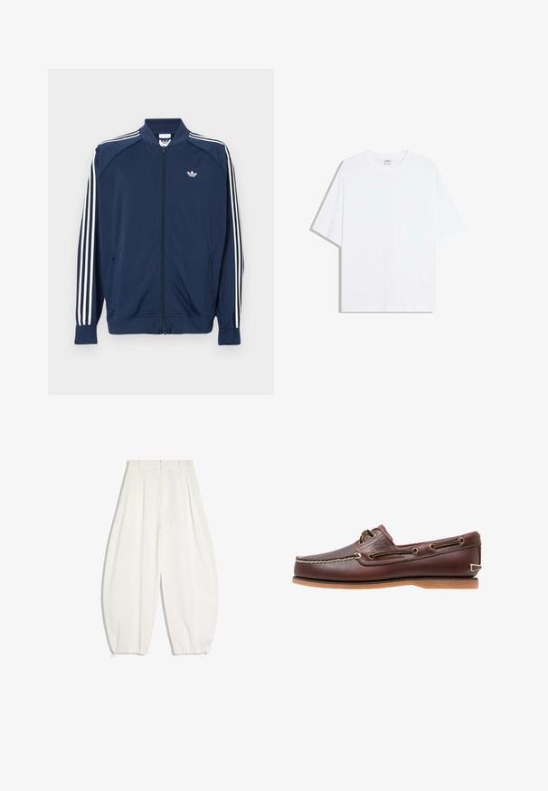 Navy zip-up track jacket in polyester, featuring white three-stripe accents on sleeves and a small white logo on the chest.; White oversized cotton t-shirt with a round neck and short sleeves; smooth texture, no visible patterns or accents.; White wide-leg trousers with pleats at the waist and elasticated hems, designed with belt loops and a front zipper closure.; Brown leather boat shoe with white stitching, lace details, and tan rubber sole, shown from the side on a white background.