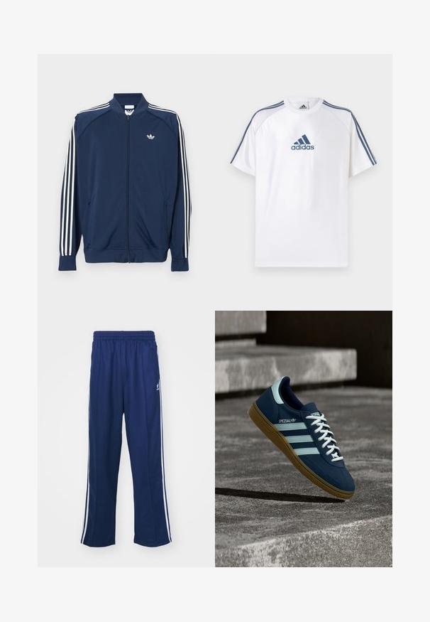 Marineblå lynlåstrøje i polyester med hvide tre-stribe accenter på ærmerne og et lille hvidt logo på brystet.; Hvid Adidas T-shirt med blå accenter, korte ærmer og rund hals. Har Adidas-logoet i blå på fronten og tre striber på skuldrene.; Marineblå sportbukser med en afslappet pasform, udstyret med hvide sidestativer og elastisk talje. Glat stof, ingen synlige mønstre eller hardware.; Blå Adidas Spezial sneaker med hvide striber og snørebånd, gummisål, svævende over en ru betongoverflade og trin i baggrunden.