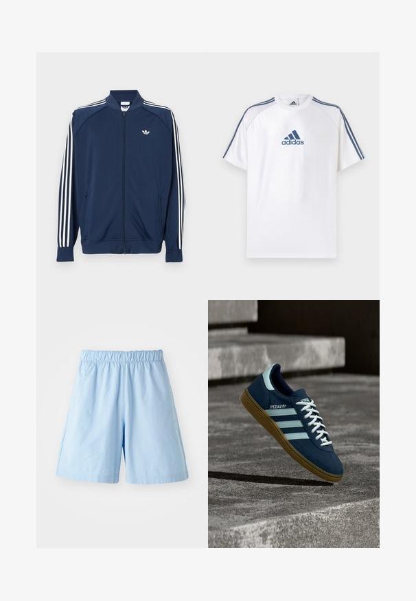 Merevärv sinine polüestrist lukuga spordijakk, millel on varrukatel valged kolm triipu ja rinnal väike valge logo.; Valge Adidas T-särk siniste detailidega, lühikeste varrukatega ja ümmarguse kaelusega. Esiküljel sinine Adidas logo ja õlgadel kolm triipu.; Heledad sinise värvi, elastse vöökohaga lühikesed püksid, mis on valmistatud tekstureeritud kangast. Omab külgtaskuid ja laia lõiget, sobilikud igapäevaseks kandmiseks.; Sinine Adidas Spezial tennisk, valgete triipude ja paeltega, kummist tallaga, hõljub kareda betoonpinna ja sammude kohal taustal.