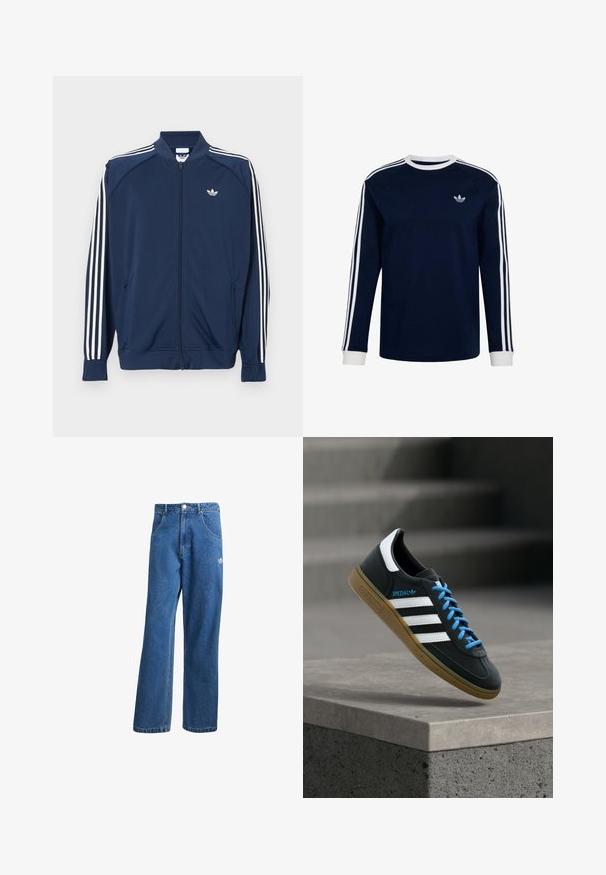 Donkerblauw trainingsjack met ritssluiting van polyester, met witte drie-strepen accenten op de mouwen en een klein wit logo op de borst.; Navyblauw Adidas shirt met lange mouwen, witte manchetten, kraag, drie witte strepen op de mouwen en het Adidas trefoil-logo op de borst.; Blauwe hoge taille wijde spijkerbroek met voorzakken, riemlussen, knoopsluiting en klein Adidas-logo op de rechterdij.; Zwarte Adidas-sneaker met witte strepen, blauwe veters en een gumzool die boven een grijze betonnen trede zweeft in zacht licht.
