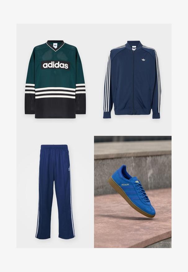 Donkerblauw trainingsjack met ritssluiting van polyester, met witte drie-strepen accenten op de mouwen en een klein wit logo op de borst.; Groen-zwart Adidas-shirt met een V-hals, lange mouwen, een mesh textuur en een opvallend wit logo over de borst met gestreepte accenten.; Marineblauwe sportbroek met een ontspannen pasvorm, voorzien van witte zijstrepen en een elastische tailleband. Soepele stof, geen zichtbare patronen of hardware.; Blauwe Adidas Spezial sneaker met rubberen zool, veters geknoopt, hangend boven een glad stenen oppervlak nabij een grijze betonnen muur.