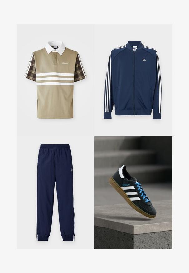 Námornícka modrá športová bunda na zips z polyesteru, s bielymi tromi pruhmi na rukávoch a malým bielym logom na hrudi.; Polo tričko v olivovej zelenej farbe s bielymi pruhmi a károvaným vzorom na krátkych rukávoch. Obsahuje biely golier a logo na hrudi.; Tmavomodré teplákové nohavice z ľahkej látky, s bielymi pruhmi po bokoch, elastickým pásom a malým logom.; Čierna teniska Adidas s bielymi pruhmi, modrými šnúrkami a gumovou podrážkou, ktorá sa vznáša nad sivým betónovým schodom v mäkkom svetle.