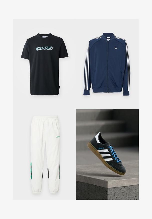 Marineblå lynlåstrøje i polyester med hvide tre-stribe accenter på ærmerne og et lille hvidt logo på brystet.; Sort bomulds T-shirt med korte ærmer, der har et blankt, flerfarvet "ADIDAS" logo på forsiden. Klassisk crewneck design.; Hvide atletikbukser lavet af let materiale med grønne og sorte accenter på siderne, med elastisk taljebånd og buksekant.; Sort Adidas sneaker med hvide striber, blå snørebånd og gummisål, der svæver over gråt betontrin i blødt lys.