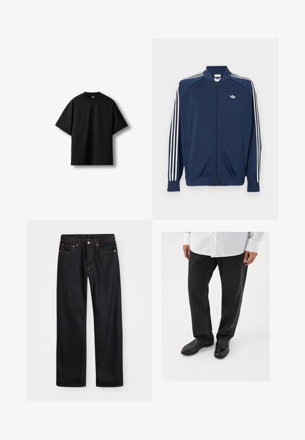 Chaqueta deportiva azul marino con cremallera, fabricada en poliéster, que presenta detalles de tres rayas blancas en las mangas y un pequeño logo blanco en el pecho.; Camiseta negra de manga corta con cuello redondo y corte holgado, presentada extendida sobre un fondo blanco.; Jeans de mezclilla negros de pierna recta para hombre, con cinco bolsillos y costuras en color naranja, cierre de botón y cremallera en la parte delantera de la cintura.; Pantalones de mezclilla negros combinados con mocasines negros brillantes. La camisa es blanca con finas rayas verticales, de mangas largas y con cuello abotonado.