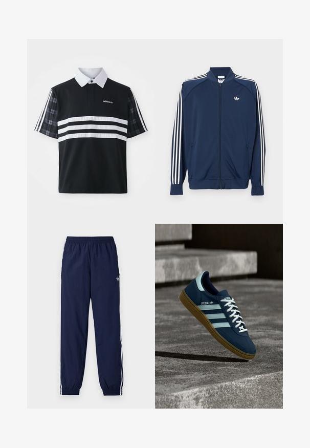 Marineblå lynlåstrøje i polyester med hvide tre-stribe accenter på ærmerne og et lille hvidt logo på brystet.; Sort polo skjorte med hvide striber og logo; har korte ternede ærmer og en hvid krave med knaplukning.; Mørkeblå træningsbukser lavet af letvægtsstof med hvide striber på siderne, elastisk taljebånd og lille logo.; Blå Adidas Spezial sneaker med hvide striber og snørebånd, gummisål, svævende over en ru betongoverflade og trin i baggrunden.