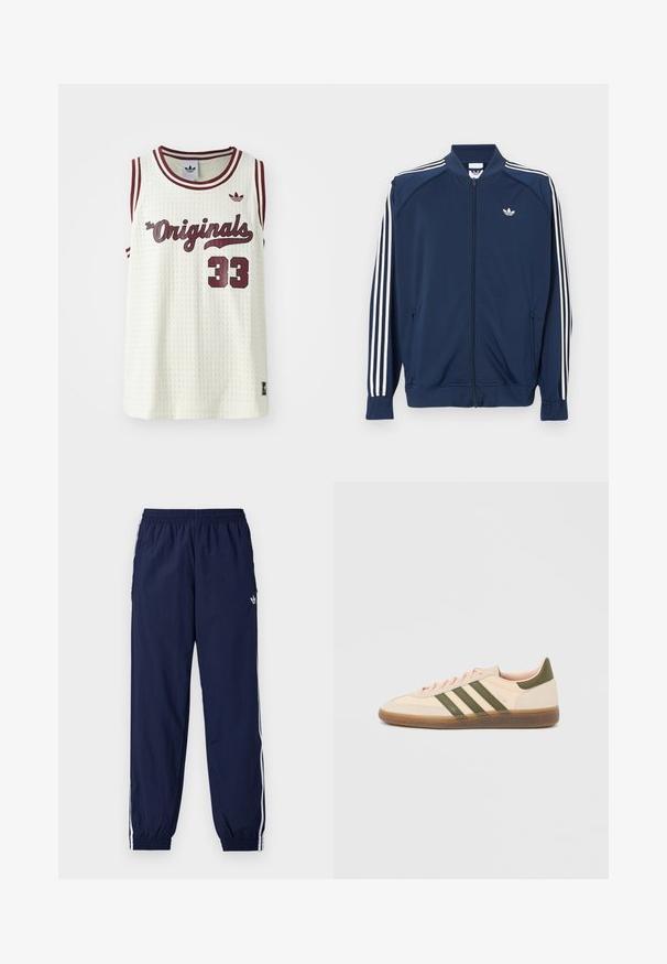 Merevärv sinine polüestrist lukuga spordijakk, millel on varrukatel valged kolm triipu ja rinnal väike valge logo.; Valge võrkkangas sansleeve jersey maroon aktsentidega, tekstiga "The Originals", number 33 ja väike logo vasakul rinnal.; Tumesinised dressipüksid, mis on valmistatud kergest kangast, valgete triipudega külgedel, elastse vöökohaga ja väikse logoga.; Madalprofiilne beež Adidas Spezial toss rohelist värvi triipude, kummist tallaga ja "SPEZIAL" brändinguga küljel, nähtav välisküljelt.