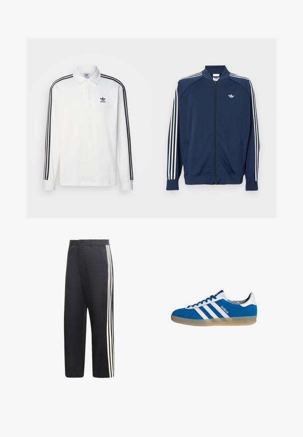 Marineblaue Trainingsjacke aus Polyester mit Reißverschluss, mit weißen Drei-Streifen-Akzenten an den Ärmeln und einem kleinen weißen Logo auf der Brust.; Weißes Poloshirt mit langen Ärmeln, klassischem Kragen, schwarzen drei Streifen an den Ärmeln und kleinem schwarzem Logo auf der Brust.; Schwarze Hosen mit geradem Bein und drei weißen vertikalen Streifen an der Außenseite jedes Beins.; Blauer und weißer Adidas Gazelle Sneaker mit Gummisohle und drei weißen Streifen, aus der Seitenansicht auf weißem Hintergrund.