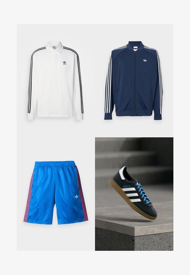 Marineblaue Trainingsjacke aus Polyester mit Reißverschluss, mit weißen Drei-Streifen-Akzenten an den Ärmeln und einem kleinen weißen Logo auf der Brust.; Weißes Poloshirt mit langen Ärmeln, klassischem Kragen, schwarzen drei Streifen an den Ärmeln und kleinem schwarzem Logo auf der Brust.; Blaue Sportshorts mit roten Streifen an den Seiten und weißem Adidas-Logo am linken Bein, ausgestattet mit einem elastischen Bund.; Schwarzer Adidas-Sneaker mit weißen Streifen, blauen Schnürsenkeln und Gummisohle, der über einer grauen Betontreppe im weichen Licht schwebt.