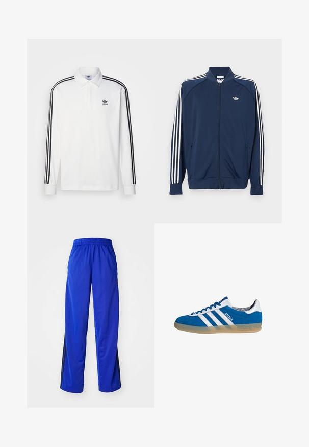 Donkerblauw trainingsjack met ritssluiting van polyester, met witte drie-strepen accenten op de mouwen en een klein wit logo op de borst.; Witte langlopende polo met klassieke kraag, zwarte drie-strepenaccenten langs de mouwen en een klein zwart logo op de borst.; Blauwe sportbroek met een elastische tailleband, voorzien van zwarte zijstrepen, losse fit en een gladde textuur.; Blauw-witte Adidas Gazelle sneaker met een gumzool en drie witte strepen, gezien vanaf de zijkant op een witte achtergrond.