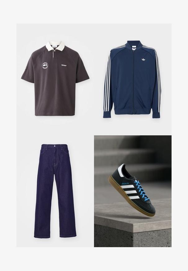 Chaqueta deportiva azul marino con cremallera, fabricada en poliéster, que presenta detalles de tres rayas blancas en las mangas y un pequeño logo blanco en el pecho.; Polo de color gris oscuro con cuello blanco, logo bordado en el pecho y mangas raglán cortas. Fabricado en material suave.; Pantalones de mezclilla anchos de color azul oscuro con una cintura alta, que cuentan con bolsillos delanteros y un cierre de botón, mostrando una textura suave y resistente.; Zapatilla negra Adidas con franjas blancas, cordones azules y suela de goma flotando sobre un escalón de hormigón gris con luz suave.