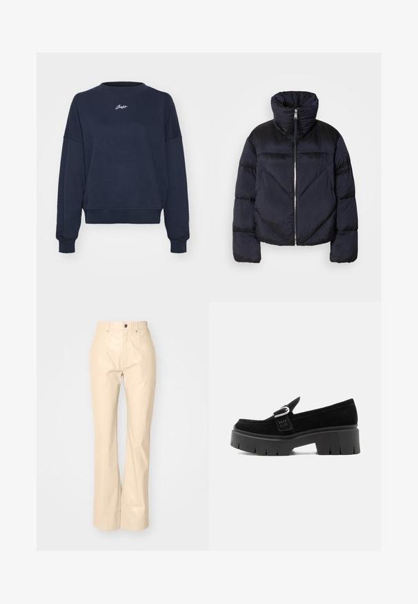 Tumedast meresinine puhvärk jacket kõrge kaelusega, millel on metalne tõmblukk ja diagonaalsed õmblused. Valmistatud kergest ja läikivast kangast.; Tumedat sinine sweatshirta, mis on valmistatud pehmest puuvillast, ümarate kaelustega, langenud õlgadega ja tikitud logoga rinnal. Kergelt lõdva lõikega, soonikkoes varrukate äärtega.; Beezhiv faux nahkust flared püksid sujuva tekstuuriga, esikottide, nööbiga sulgemise ja peene läikiva viimistlusega.; Mustast seemisnahast mokasiiin paksu soonilise tallaga, hõbedase pandla detailiga ja küljes olevasse rihma pressitud "HUGO" logoga, näidatud välisküljelt.