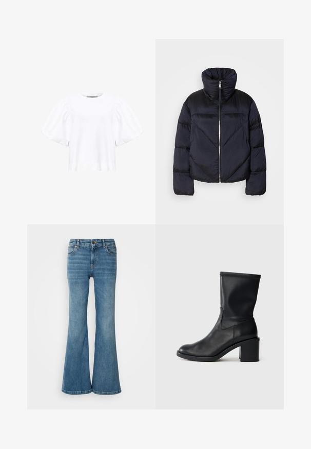 Doudoune navy foncé avec col montant, dotée d'une fermeture éclair métallique et de coutures diagonales. Fabriquée en tissu léger et brillant.; AllSaints JESS TEE - Blouse - optic white; Jean évasé bleu clair en denim, doté de cinq poches, de coutures visibles, et d'une fermeture à bouton et à zip à la taille.; Botte en cuir noir à cheville avec un bout rond, texture lisse et un talon épais, présentant un tige ajustée et un subtil détail de couture.