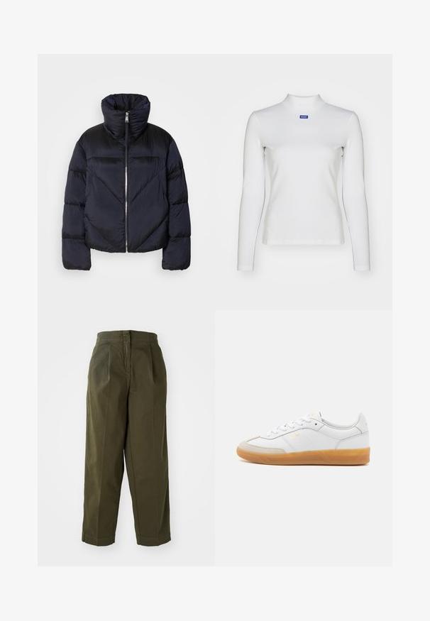 Pufferjack in donker marineblauw met hoge kraag, voorzien van een metallic rits en diagonale naaddetails. Gemaakt van een lichte, glanzende stof.; Witte lange mouw turtleneck top van rekbare stof, met een strakke pasvorm en een klein blauw logo op de borst.; Olijfgroene, wijde broek met een hoge taille, voorzien van plooien aan de voorkant en omgeslagen zoom. Gemaakt van lichte stof met een soepele textuur.; Witte leren sneaker met beige suède accenten, gumrubberen zool en vetersluiting. Heeft subtiele branding in goud.